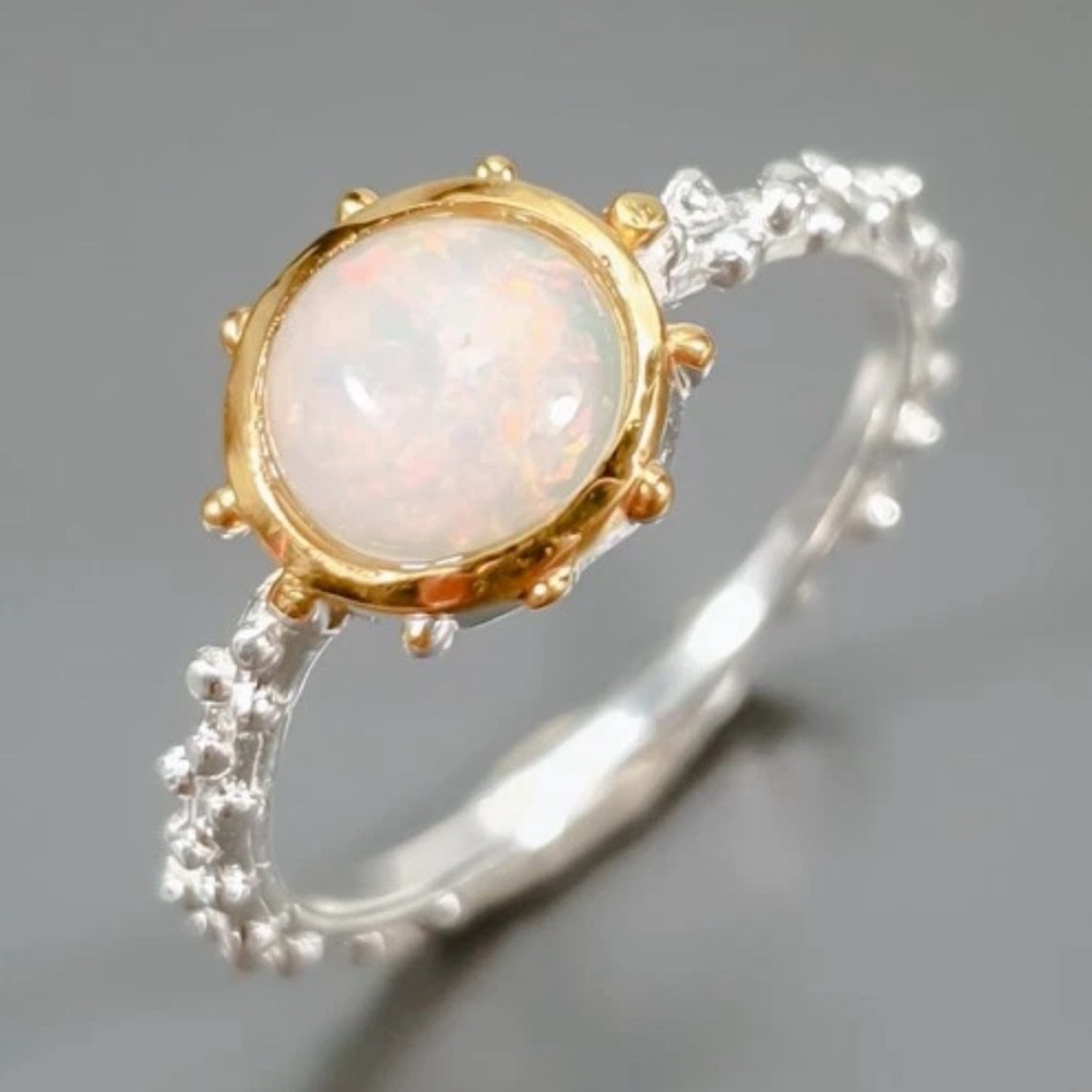 925 Sterling Silver Natural White Opal haloed in 14K Gold Ring Size 7.75